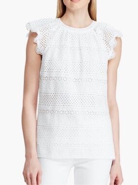 Lauren Ralph Lauren Wesisa White Eyelet Flutter Sleeve Blouse - 0571